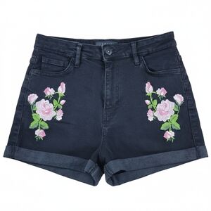 GUESS Black Denim Shorts Pink Floral Embroidery Size 28